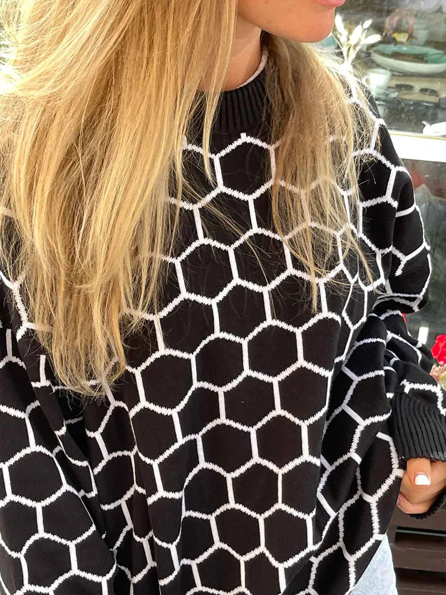 Pydshop Autumn New Pullover Sweater Women's Retro Plaid Print Loose Casual Knitted Top  Long Sleeve Round Neck Female Fashion