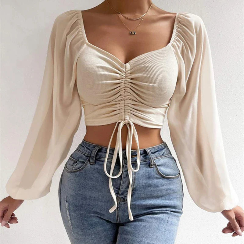 Pydshop Horetong Women's Sexy V-neck Off-Shoulder Blouses Summer Drawstring Bandage Long Sleeve Tops Ladies Korean Fashion Short Clothes