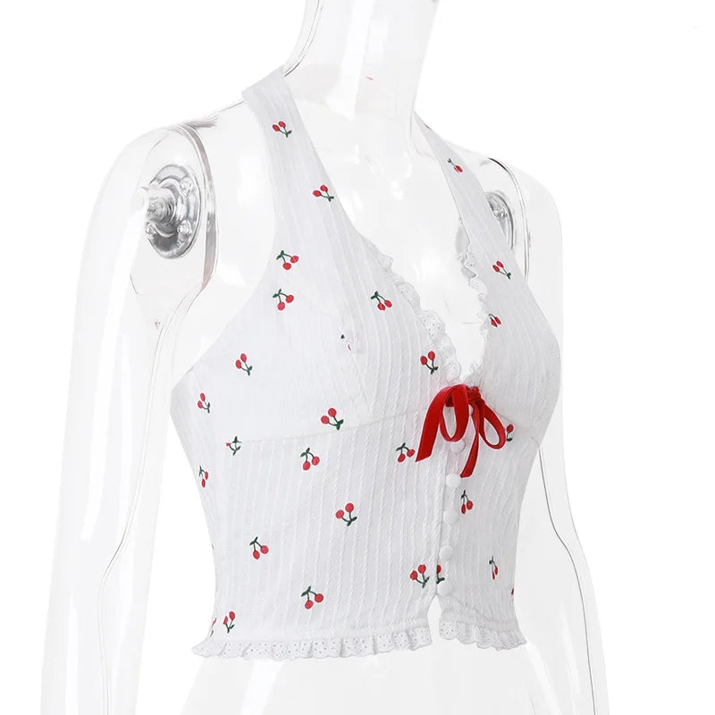 Pydshop Floral Knit Halter White Crop Top