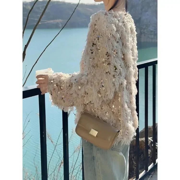Pydshop Korean Chic Sequin Tassel Sweaters Mujer 2024 Autumn New O-neck Plush Knitted Pullover Y2k E-Girl Long Sleeve Tops Women