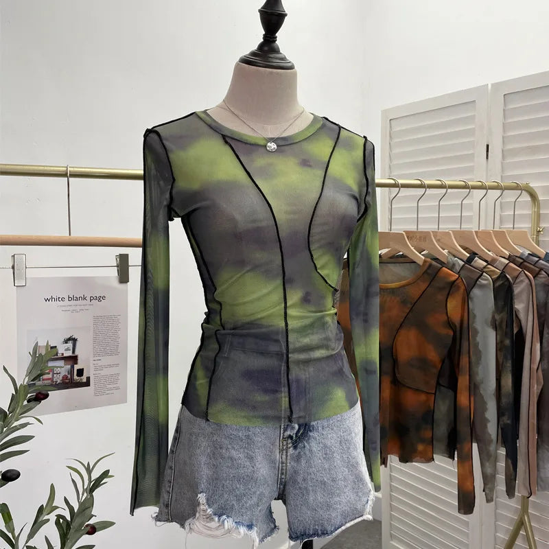 Pydshop Retro Smudged Print Sexy See Through Mesh Bottoming Shirt Slim Long Sleeved Top Y2K T-shirt Party Leisure Essential Streetwear