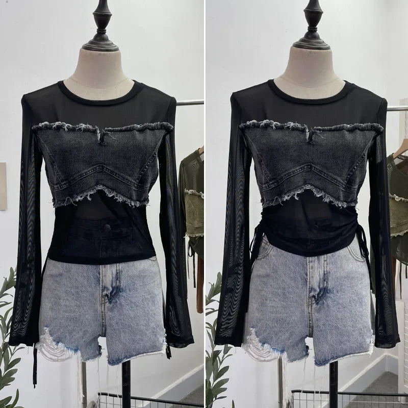Pydshop Hot Girl American Retro Denim Mesh Patchwork Top Sexy See Through Drawstring Long Sleeve Short T-shirt Party Casual Streetwear