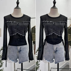 Pydshop Hot Girl American Retro Denim Mesh Patchwork Top Sexy See Through Drawstring Long Sleeve Short T-shirt Party Casual Streetwear