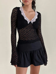 Pydshop Women  Spring Fall Lace Top Mesh See Through Long Sleeve Crop Tops Sexy Sheer Deep V Neck Floral Lace Shirt Blouse Y2K Fairy