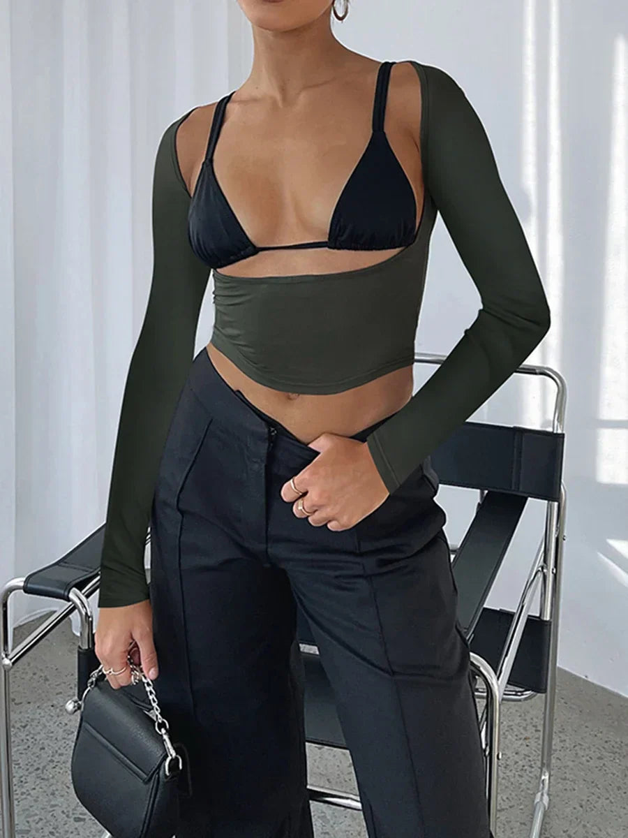 Pydshop 2024 Autumn Women Slim Fitted Long Sleeve T Shirt Casual Slim Crop Top Female Backless Tee Beach Sweat Top Streetwear