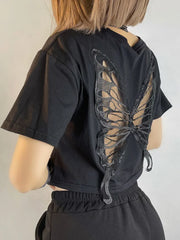 Pydshop Harajuku Lace Butterfly Crop Tshirts Women Vintage Streetwear Sexy Black Mesh Tops Aesthetic Hollow Grunge Tees Summer