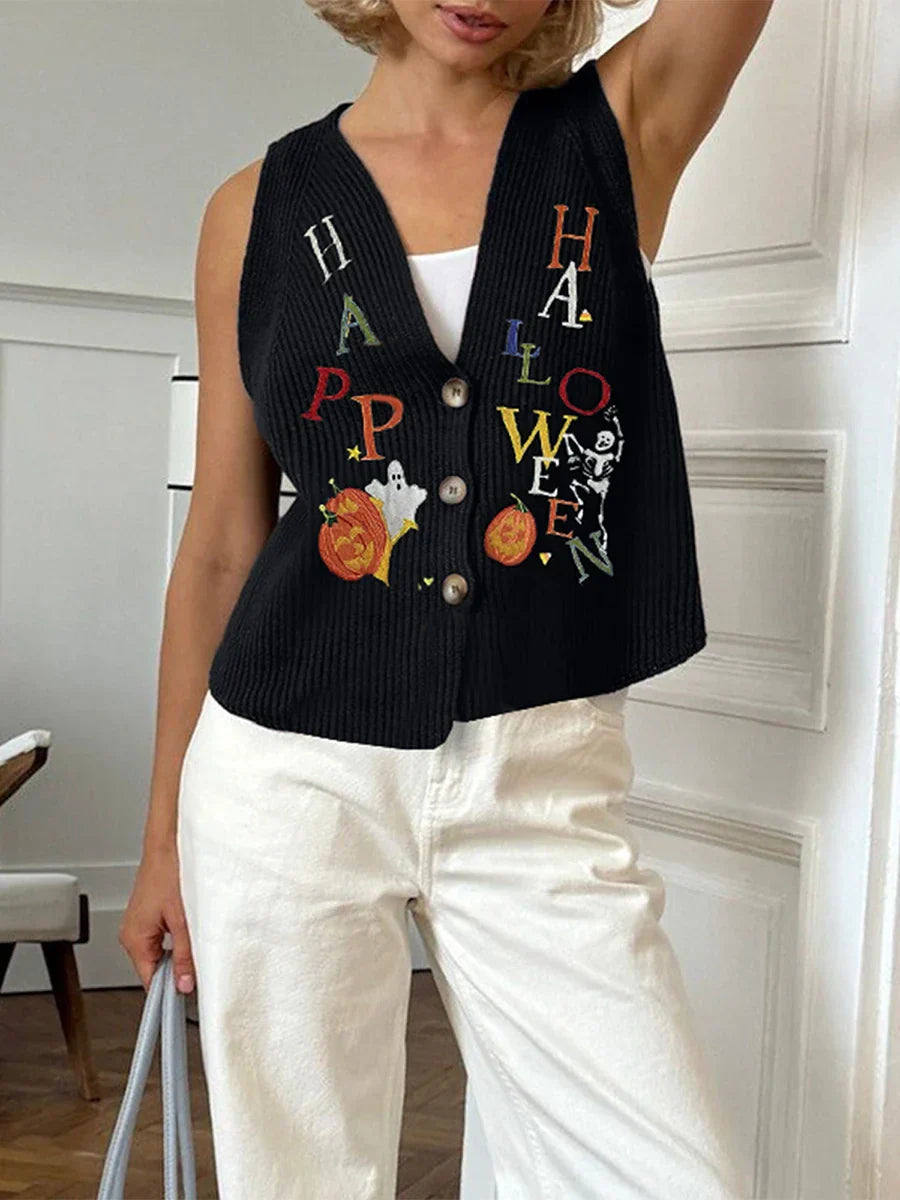 Pydshop Halloween Sweater Vest for Women Vintage Embroidered Pumpkin Face Button Crochet Tank Y2K Spooky Knit Vest Tops