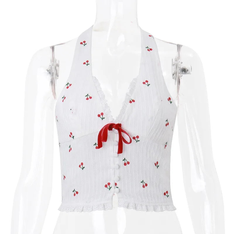 Pydshop Floral Knit Halter White Crop Top