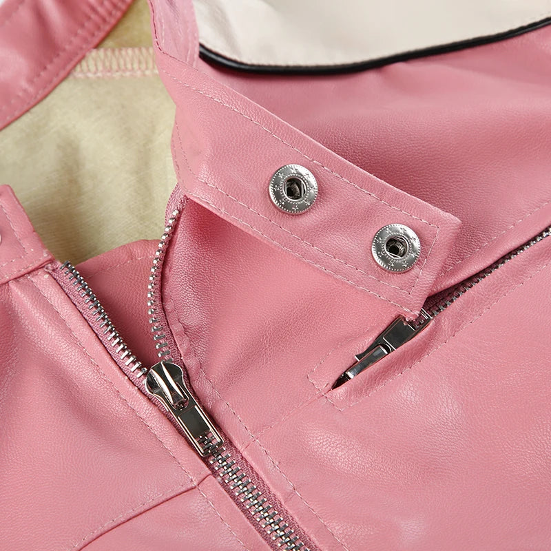 Pydshop 2024 Fashion Woman tops y2k style Pink Stripe Spliced Zip-Up PU Leather Jacket