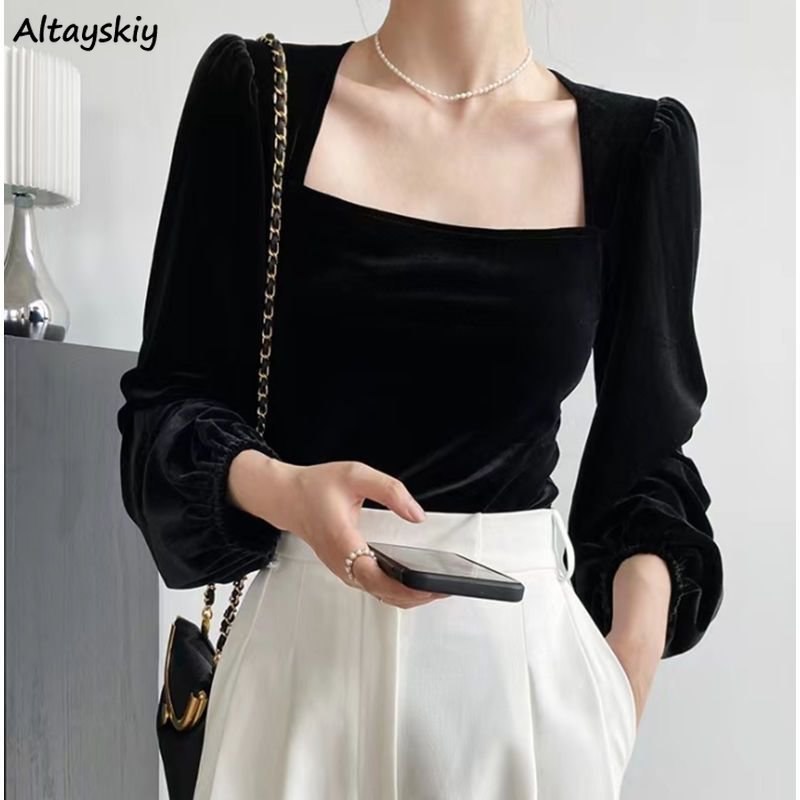 Pydshop Black Velvet Blouses Women Solid Minimalist Slim Elegant Blusas Ropa Mujer Square Collar Long Sleeve Autumn Tops Fall Outfits 2023