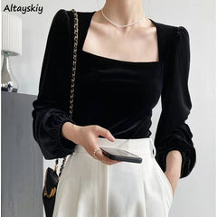 Pydshop Black Velvet Blouses Women Solid Minimalist Slim Elegant Blusas Ropa Mujer Square Collar Long Sleeve Autumn Tops Fall Outfits 2023