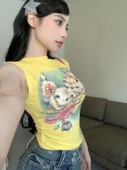 Pydshop Cute Cat Short Sleeve Print Vest for Women 2024 Summer New Slim Fit Sexy Tank Top Y2k E-Girl O-neck Sleeveless Tops Mujer