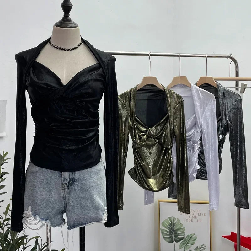 Pydshop Women's Sexy Twist V-neck Pleated Slim Fit Long Sleeve Bottoming Shirt Casual PartyClub Streetwear Y2K Top Essential Outfits8989