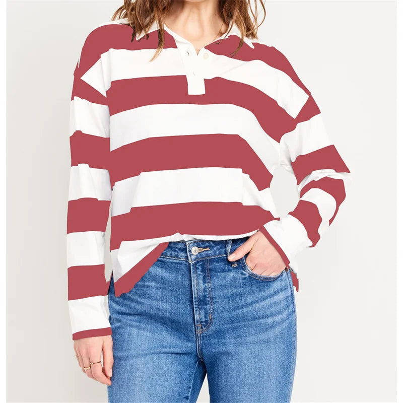 Pydshop Harajuku Striped Sweatshirt Women Y2k Preppy Style Turn-down Collar Loose Pullover Korean Fashion Sweatshirt Long Sleeve Tops