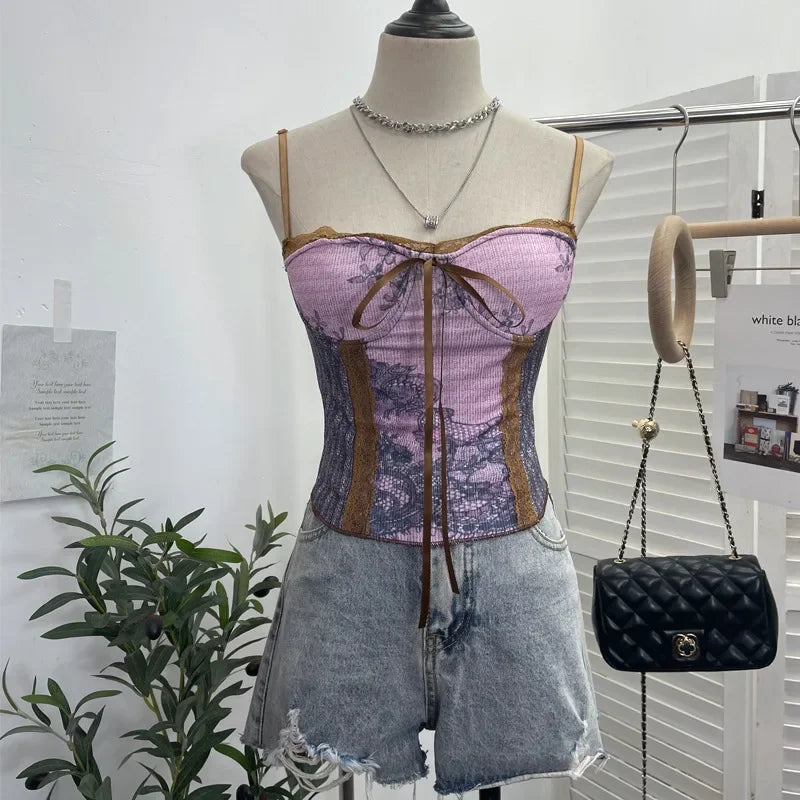 Pydshop Women Retro Ink Painting Adjustable Spaghetti Straps Camisole Bandeau Top With Padded Breasts Slim Fit Tube Top Party Streetwear