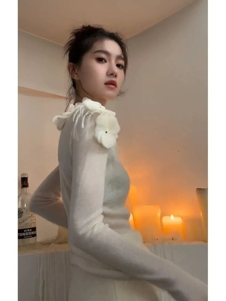 Pydshop New Chinese Style O-neck Flower Beading Tops Women Spring  Slim Fit White Pullovers Y2k E-Girl Long Sleeve Sweater Mujer