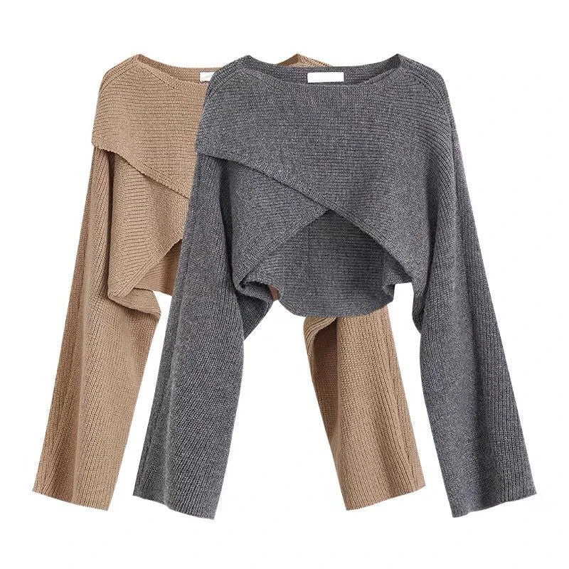 Pydshop 2024 Short Women's Pullovers Sweaters Autumn Winter Streetwear Knitted Sweater Long Sleeve Cross Irregular Solid Y2K Tops Sexy