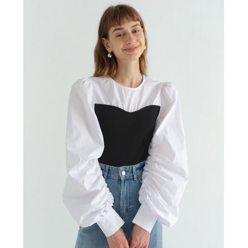Pydshop Women's Clothes Shirt White Shirt Splicing Fashion Vintage Female Puff Sleeve Chic Baggy Casual Pullover Blouse Tops Fall 2023 Outfits