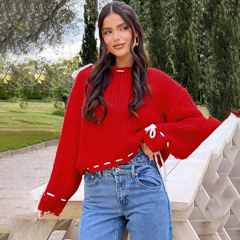 Pydshop Contrast Color Knitted Pullover Sweater Top For Women Drawstring Loose Long Sleeve Splice Autumn Winter Fashion Sweater