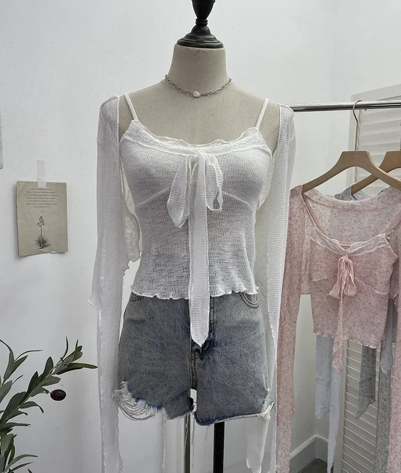 Pydshop Ladies Hottie Lace Bow Lace Up Camisole Short Irregular Streamer Long Sleeve Cardigan Top Knitted Two-Piece Set Y2K Sweety Top
