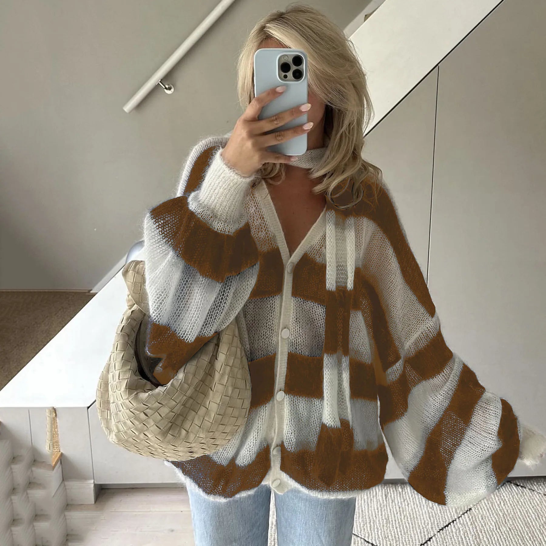Pydshop Fashion Striped Sweater Cardigan With Scarf Female Loose Thin Hollow Knitted Top Lantern Sleeve Contrast Color Retro Top
