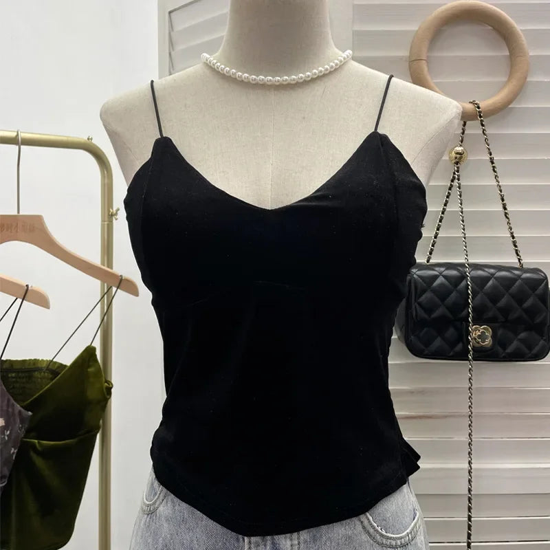 Pydshop Women's Retro Chic Floral Print Velvet Spaghetti Strap Camisole Top Sleeveless Tube Top With Padded Base 8965 PartyClub Outfits