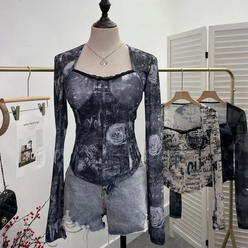 Pydshop Ladies Retro Elegant Square Neck Lace Spliced Tie Dye Mesh Long Sleeves Blouse Tight Hot Girl Short Top With Padded Breasts 1386
