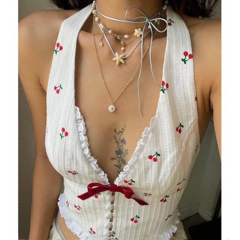 Pydshop Floral Knit Halter White Crop Top