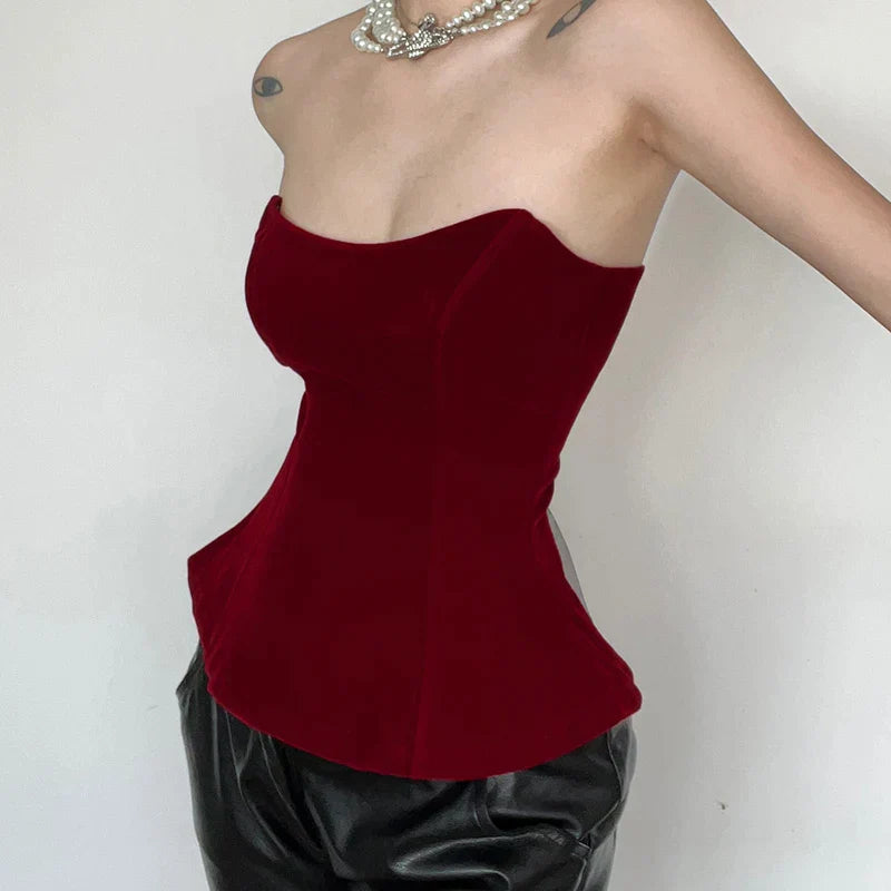 Pydshop 2024 Fashion Woman tops y2k style Red Strapless Velour Lace Up Corset Top