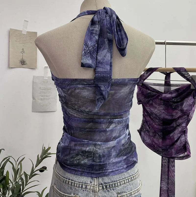 Pydshop Tie Dye Denim Print Pleated Mesh Camisole Women's Halter Tie Bow Halter Crop Top Cute Party Sweats Holiday Mini Vest Summer Tee