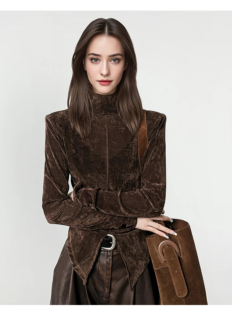 Pydshop Front Side-slit Solid Color Soft Long Sleeve Top