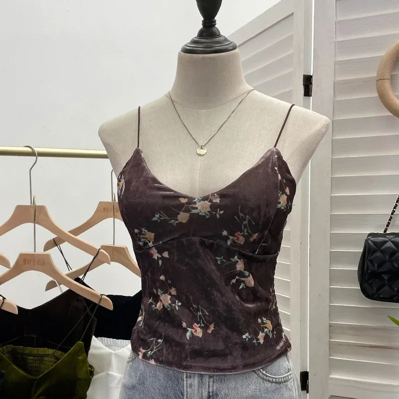 Pydshop Women's Retro Chic Floral Print Velvet Spaghetti Strap Camisole Top Sleeveless Tube Top With Padded Base 8965 PartyClub Outfits