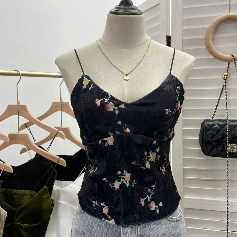 Pydshop Women's Retro Chic Floral Print Velvet Spaghetti Strap Camisole Top Sleeveless Tube Top With Padded Base 8965 PartyClub Outfits