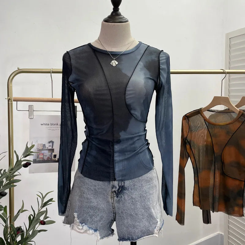 Pydshop Retro Smudged Print Sexy See Through Mesh Bottoming Shirt Slim Long Sleeved Top Y2K T-shirt Party Leisure Essential Streetwear