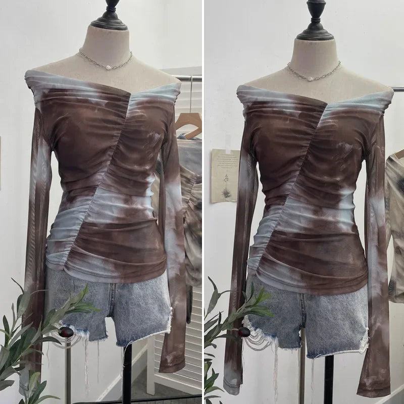 Pydshop Women's Retro One Shoulder Tie Dye Print Mesh Long Sleeve Top Irregular Pleated Slim T-shirt Blouse PartyClub Wear Streetwear