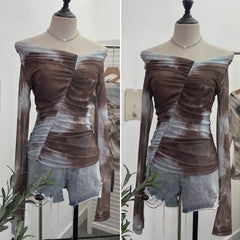 Pydshop Women's Retro One Shoulder Tie Dye Print Mesh Long Sleeve Top Irregular Pleated Slim T-shirt Blouse PartyClub Wear Streetwear