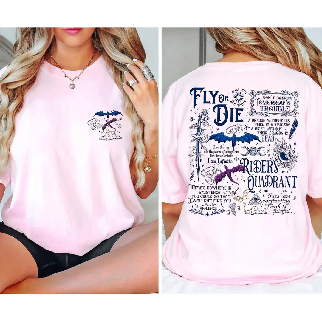 Pydshop Basgiath War College Dragon Rider Retro Shirt  2 Side Patten Cotton Tee Fourth Wing Riders T-Shirt Fantasy Apparel Y2K Top