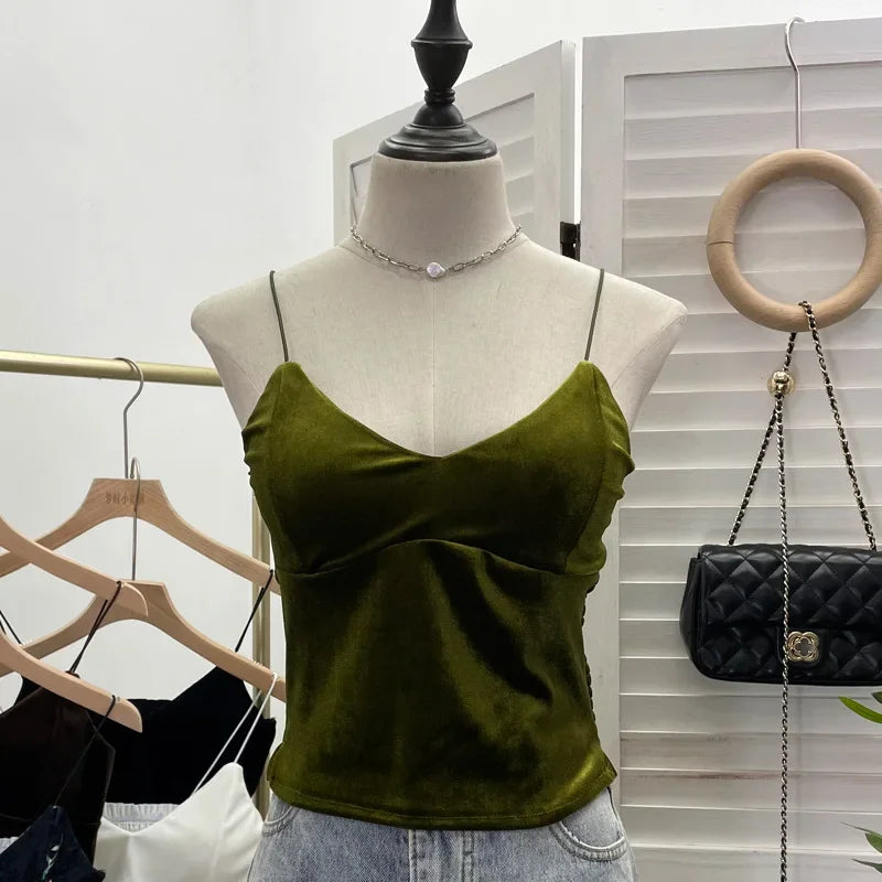 Pydshop Women's Retro Chic Floral Print Velvet Spaghetti Strap Camisole Top Sleeveless Tube Top With Padded Base 8965 PartyClub Outfits
