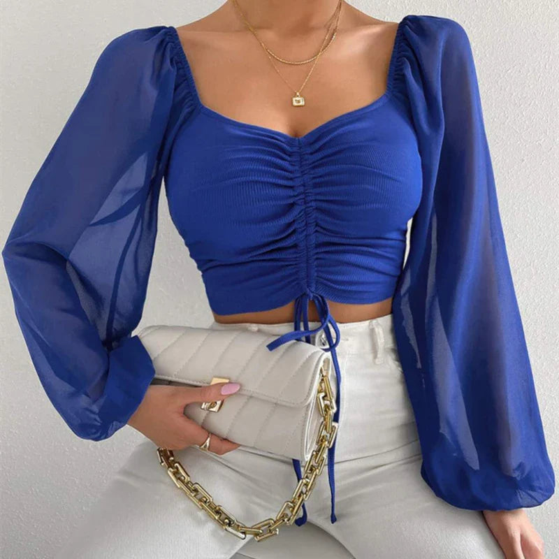 Pydshop Horetong Women's Sexy V-neck Off-Shoulder Blouses Summer Drawstring Bandage Long Sleeve Tops Ladies Korean Fashion Short Clothes