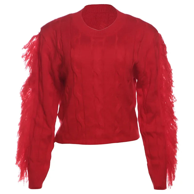 Pydshop Splice Tassel Short Knitted Top Female Solid Slim Fit Long Sleeves Fashion Pullover Sweater Women's Autumn Winter Casual