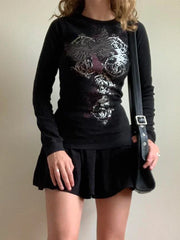 Pydshop Fairy Grunge T-Shirt Y2k Vintage Graphic Print Crop Top Knit Ribbed Retro Slim Gothic Punk Bluse Tee Top Streetwear