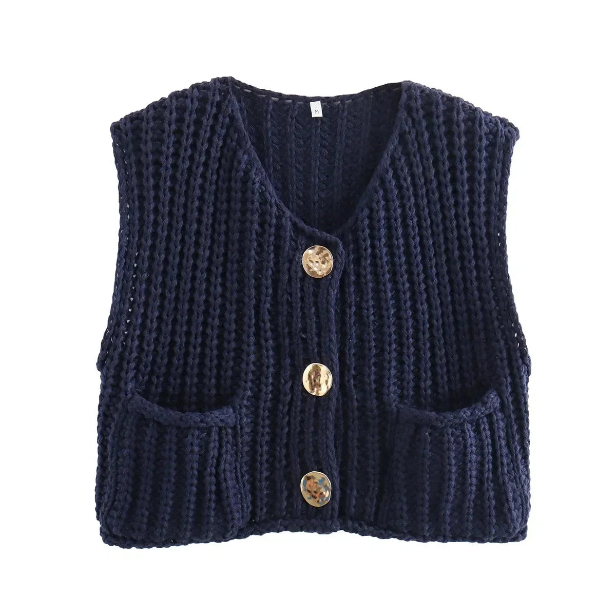 Pydshop Fashion Sleeveless Knitted Cardigan Vests For Women Autumn New Short Sweater Button With Pockets Solid Color Knitted Top