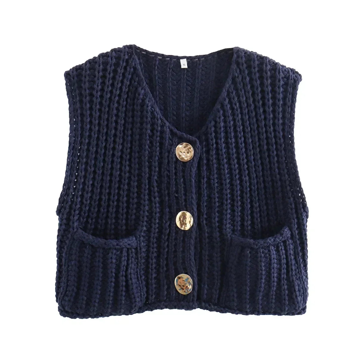 Pydshop Fashion Sleeveless Knitted Cardigan Vests For Women Autumn New Short Sweater Button With Pockets Solid Color Knitted Top