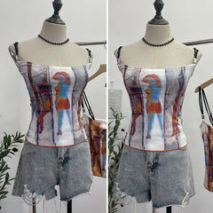 Pydshop Women's Retro Print Chic Camisole Top Sexy Slim Fit Camisole Short Sleeveless Tube Top 8830 Party Casual Holiday Street Outfits