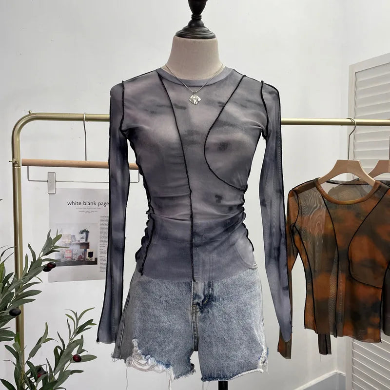 Pydshop Retro Smudged Print Sexy See Through Mesh Bottoming Shirt Slim Long Sleeved Top Y2K T-shirt Party Leisure Essential Streetwear
