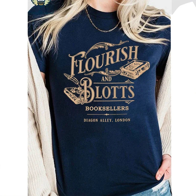 Pydshop Flourish And Blotts Tshirt 100% Cotton Washed Distressed Top Dark College T Shirt Subtle Bookish Merch Y2K Top