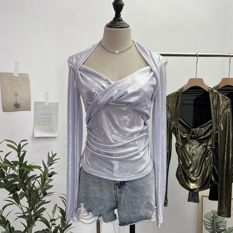 Pydshop Women's Sexy Twist V-neck Pleated Slim Fit Long Sleeve Bottoming Shirt Casual PartyClub Streetwear Y2K Top Essential Outfits8989