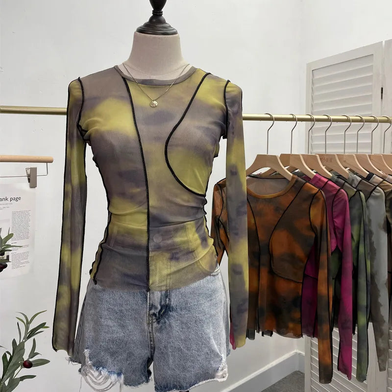 Pydshop Retro Smudged Print Sexy See Through Mesh Bottoming Shirt Slim Long Sleeved Top Y2K T-shirt Party Leisure Essential Streetwear