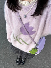 Pydshop Sweet Fashion Purple Waterproof Mink Pullovers Lazy All-match Loose Knitted Tops Women Y2k O-neck Long Sleeve Sweaters Mujer