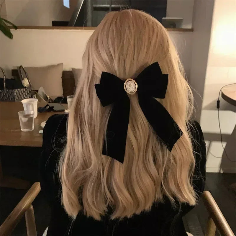 Pydshop Black Velvet Rose Bow Hair Clip Retro French Top Clip Small Fragrance Grab Hair Accessory